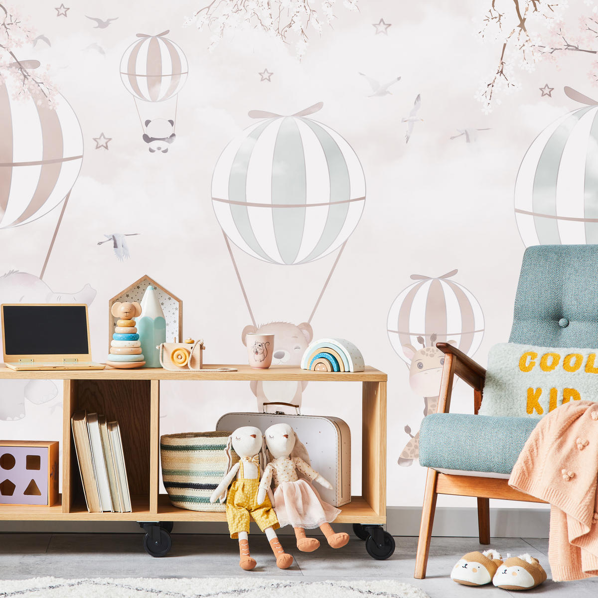 FOTOTAPETE für Kinderzimmer Tiere Himmel Elefant Giraffe Panda Vögel Ballons 500x350 - Multicolor, Papier (500/350cm) - Muralo