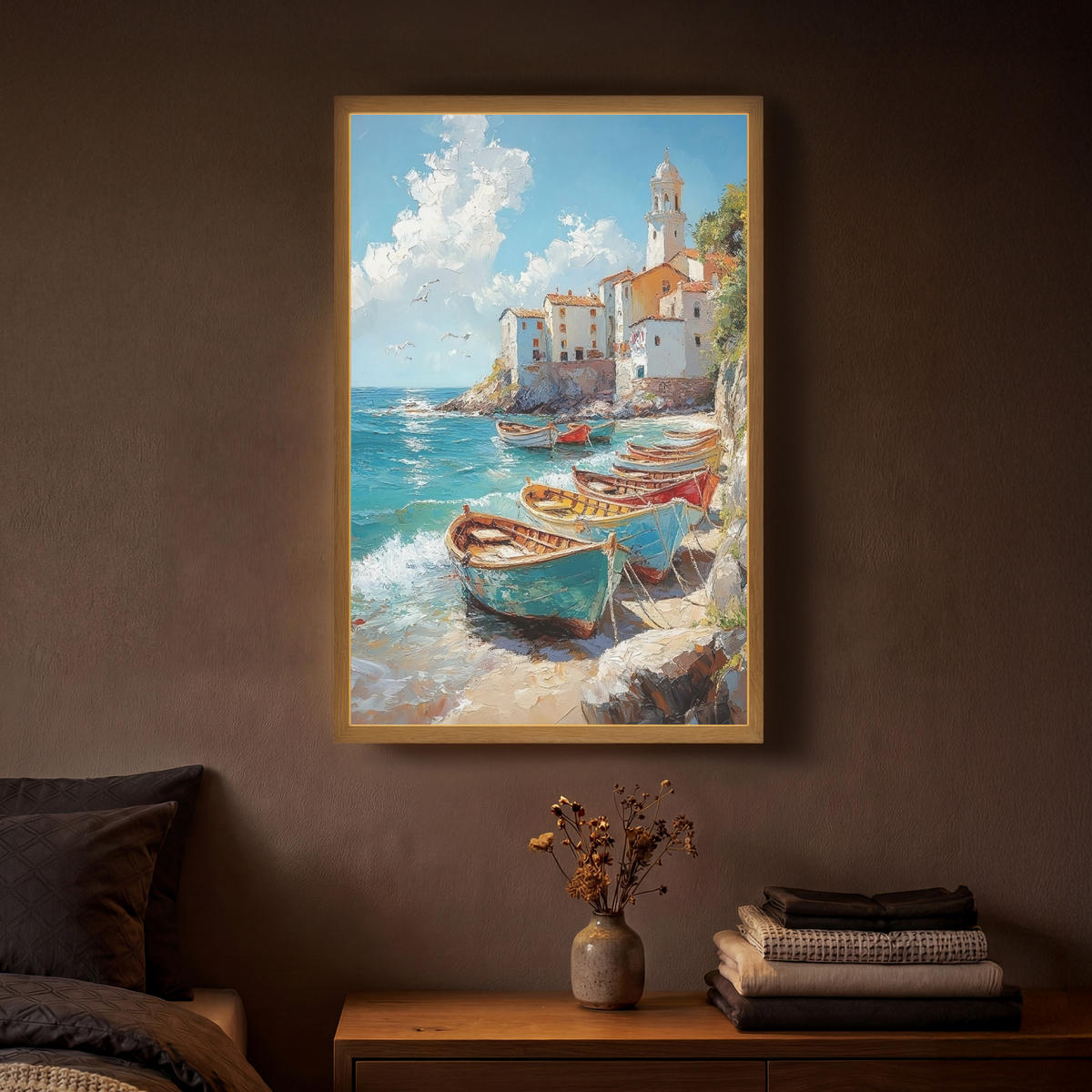 NÁSTĚNNÁ LAMPA S AKUMULÁTOREM Lodě - skály - moře - slunce 40x60 cm - modrá, kompozitní dřevo (40/60/8cm) - OnlyWow
