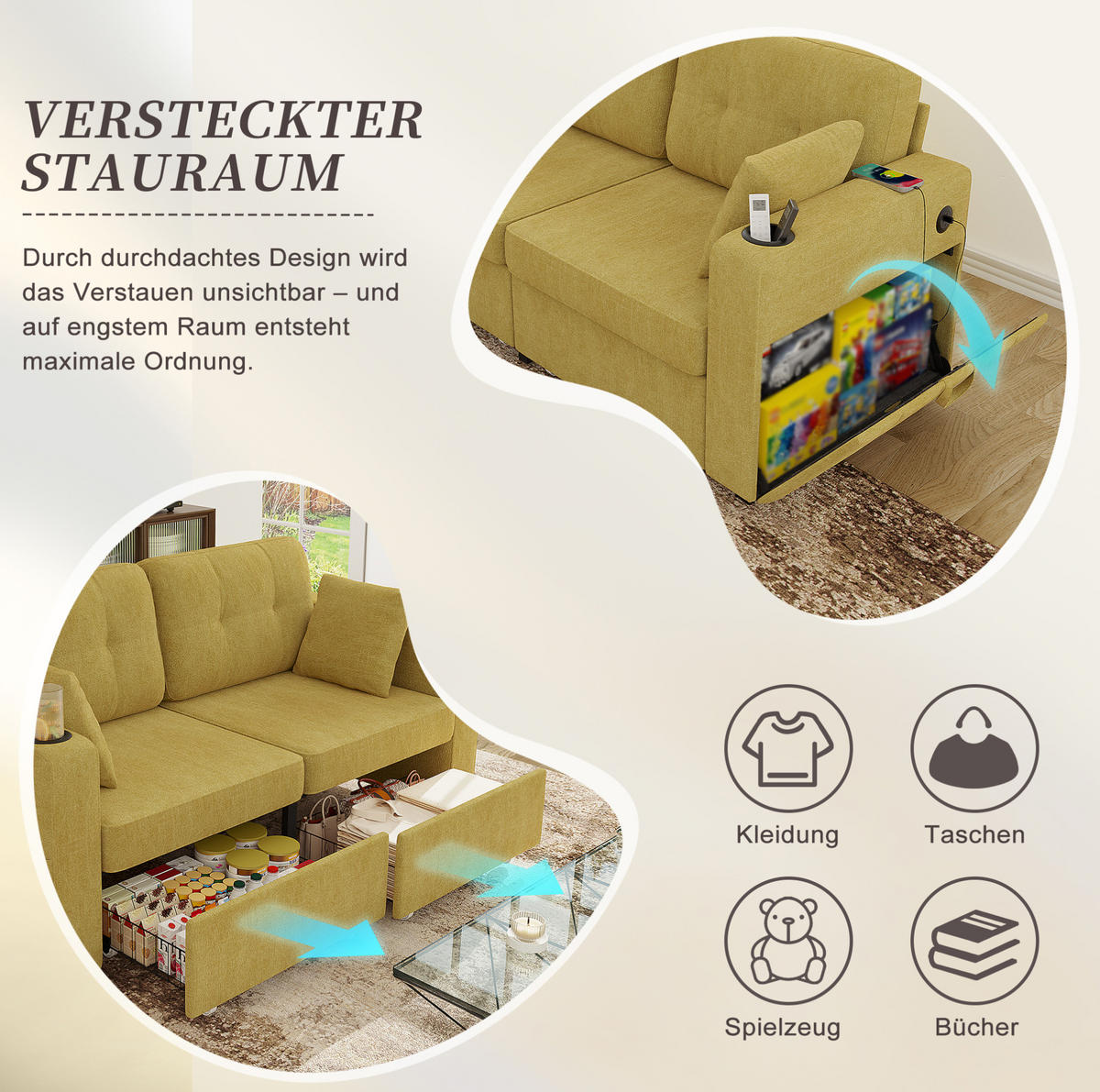 2-SITZER Sofa 172/75/82 cm mit USB-Anschlüssen, Stauraumschubladen und Getränkehaltern, Chenille, Senfgelb - Gelb, Textil (172/82/75cm) - Redom