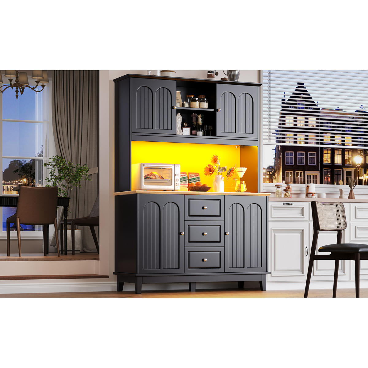 KÜCHENSCHRANK 120x40x180 cm, 4 Türen, 3 Schubladen, LED-Beleuchtung, Schwarz/Natur - Schwarz, Holzwerkstoff (120/180/40cm) - FOHERE