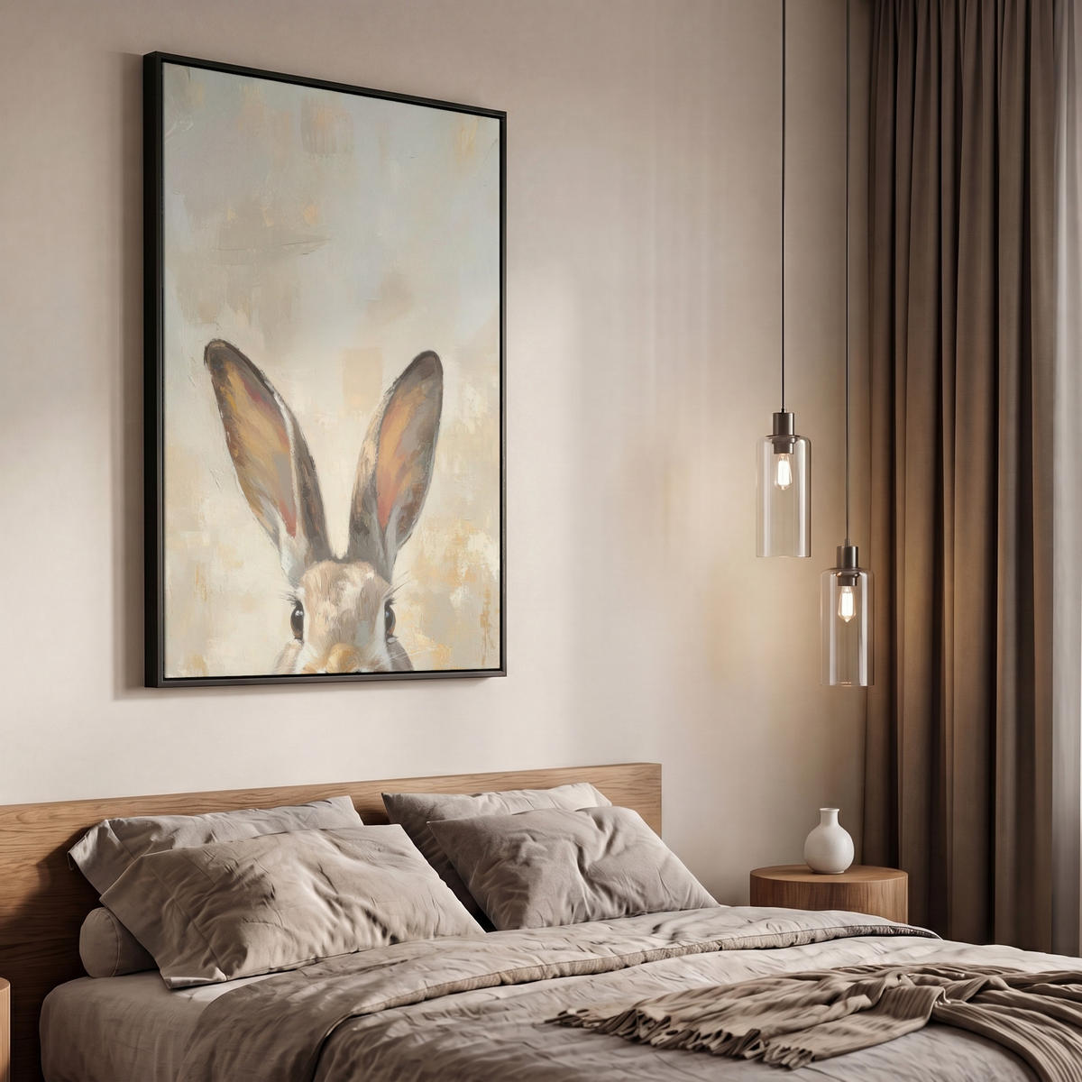 LEINWAND Bilder mit Rahmen - Hase - Ohren - Braun - 60x90 - Beige, Textil (60/90cm) - MuchoWow
