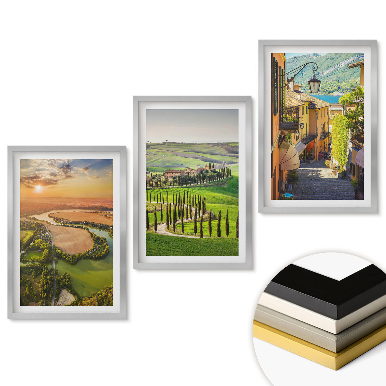 WANDBILDER 3er Set - 40x60 cm Silberner Rahmen - Italienische Landschaften, Flussstraße - Silberfarben, Kunststoff (40/60cm) - ArtPrintCave