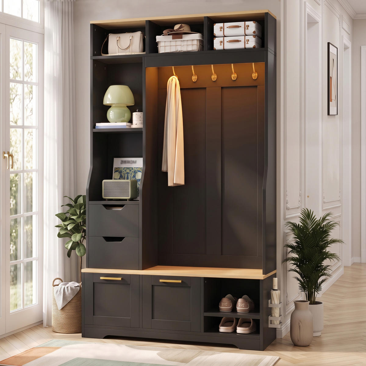 KOMPAKTGARDEROBE Schwarz Flurschrank mit Sitzbank, Schuhschrank & LED Licht - Schwarz, Holzwerkstoff (100/186/32cm) - Urban Meuble