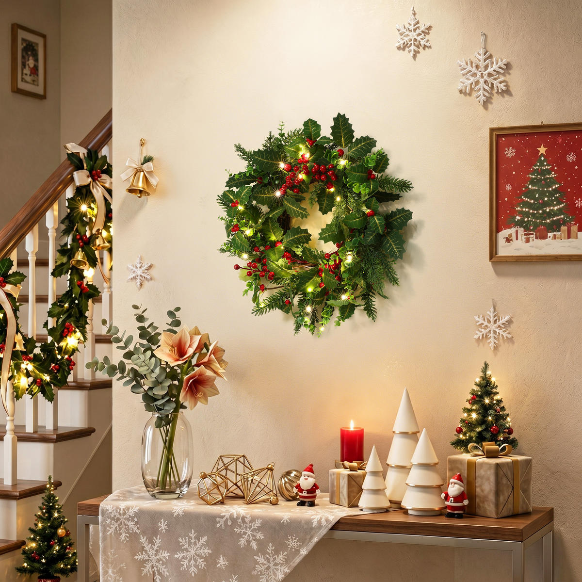RUNDER LED-Weihnachtskranz Ø 40 cm mit roten Beeren, 30 LEDs, Timer - Dunkelgrün, Naturmaterialien (40cm) - Hometopia