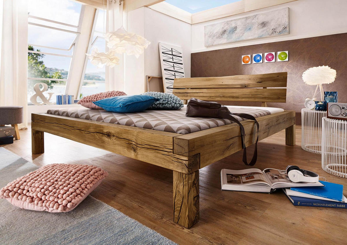 BETT Massivholz Wildeiche 180 x 200 x 85 braun BALKENMÖBEL #412 - Braun, Holz (180/200cm) - Massivmoebel24