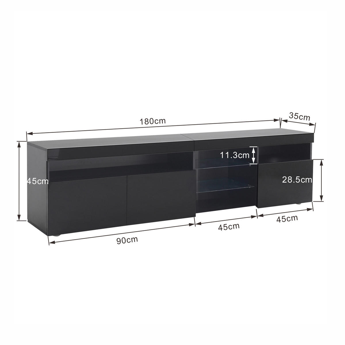 TV-SCHRANK 180/35/48 cm schwarz MDF mit variabler LED-Beleuchtung und Glaslaminat - Schwarz, Holzwerkstoff (180/48/35cm) - OKWISH