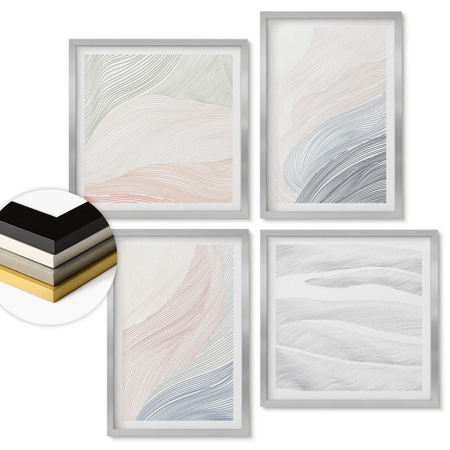WANDBILDER 4er Set - 50x50 cm & 40x60 cm Silberner Rahmen - Abstrakte Pastellwellen - Silberfarben, Kunststoff (50/50cm) - ArtPrintCave