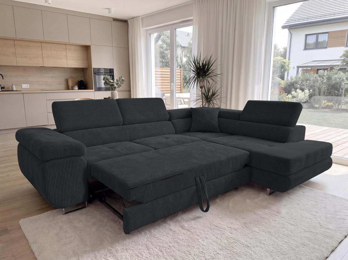 ECKSOFA L Form Konak Schwarz 276/201/90 cm Rechts mit Schlaffunktion - Silberfarben/Schwarz, Textil/Metall (276/203cm) - AX Living