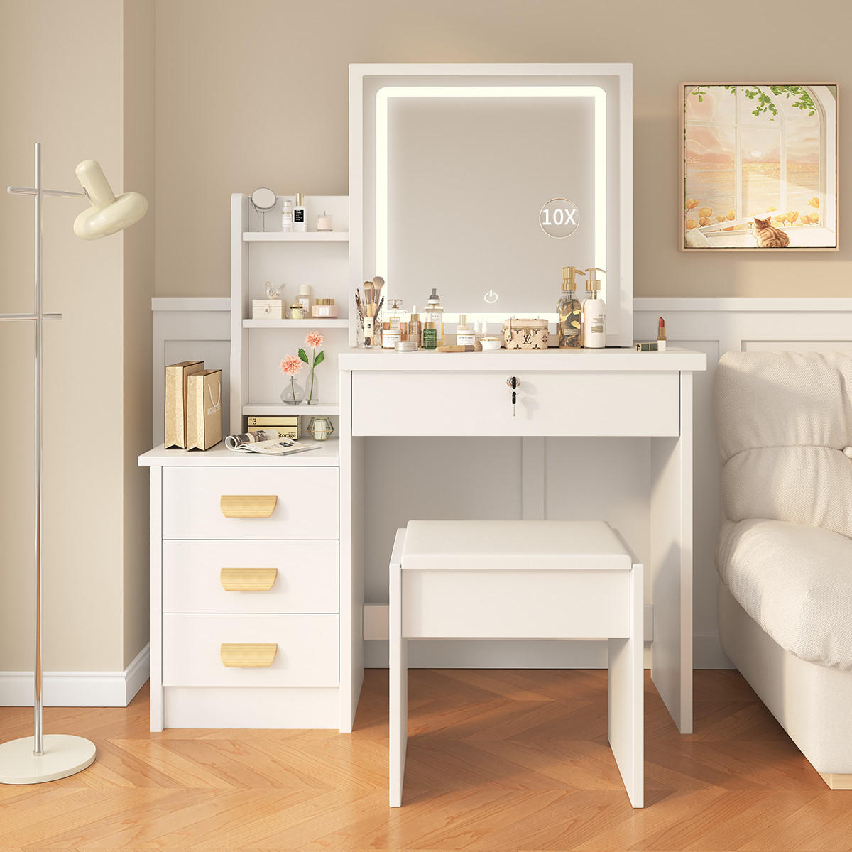 SCHMINKTISCH mit LED-Spiegel und Hocker, 87 L x 36 T x 136 H cm, 3 Beleuchtungsmodi, mit 4 Schubladen und 7 Ablagen, Weiß - Weiß, Holzwerkstoff (36/136/87cm)
