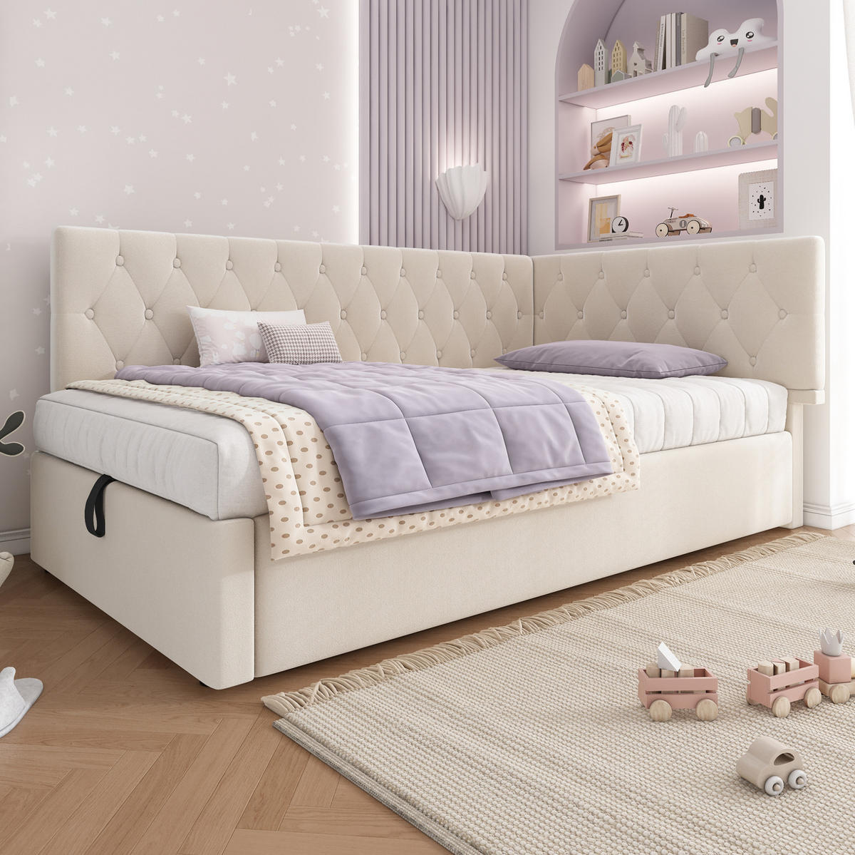 ČALÚNENÁ posteľ 90/190 cm béžová so zdvíhacím úložným priestorom zo zamatu - béžová, textil (90/190cm) - OKWISH