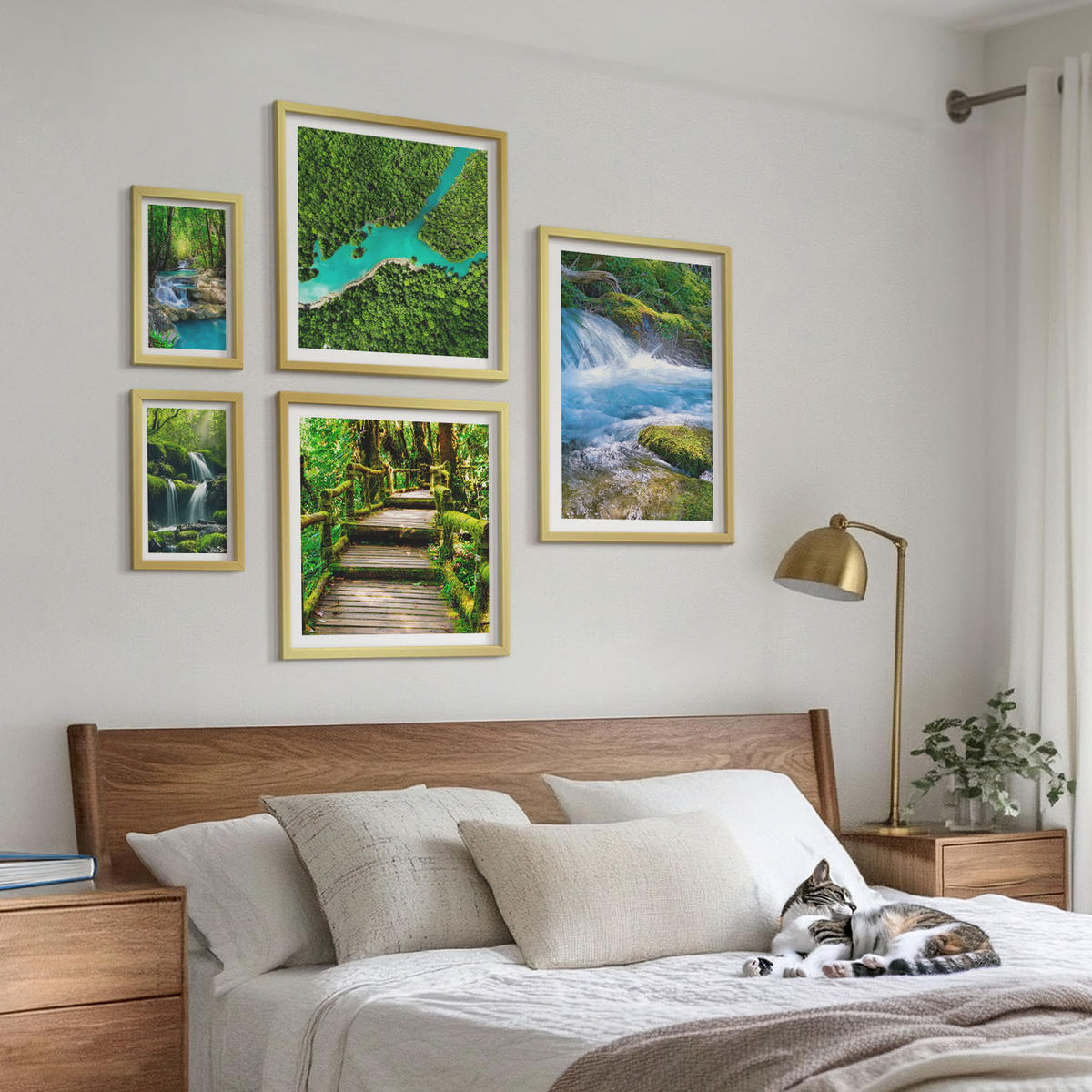 WANDBILDER 5er Set - 50x50 cm & 20x30 cm & 40x60 cm Goldrahmen - Grüne Berge, Flussfelsen - Goldfarben, Kunststoff (40/60cm) - ArtPrintCave
