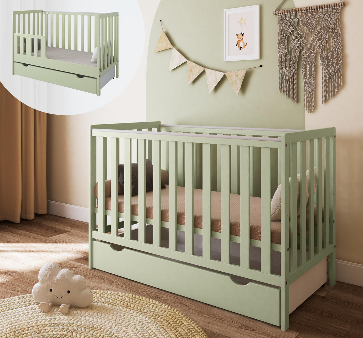BABYBETT Lio mit Matratze und Schublade - Mintgrün, Holzwerkstoff (60/120cm) - kiki design