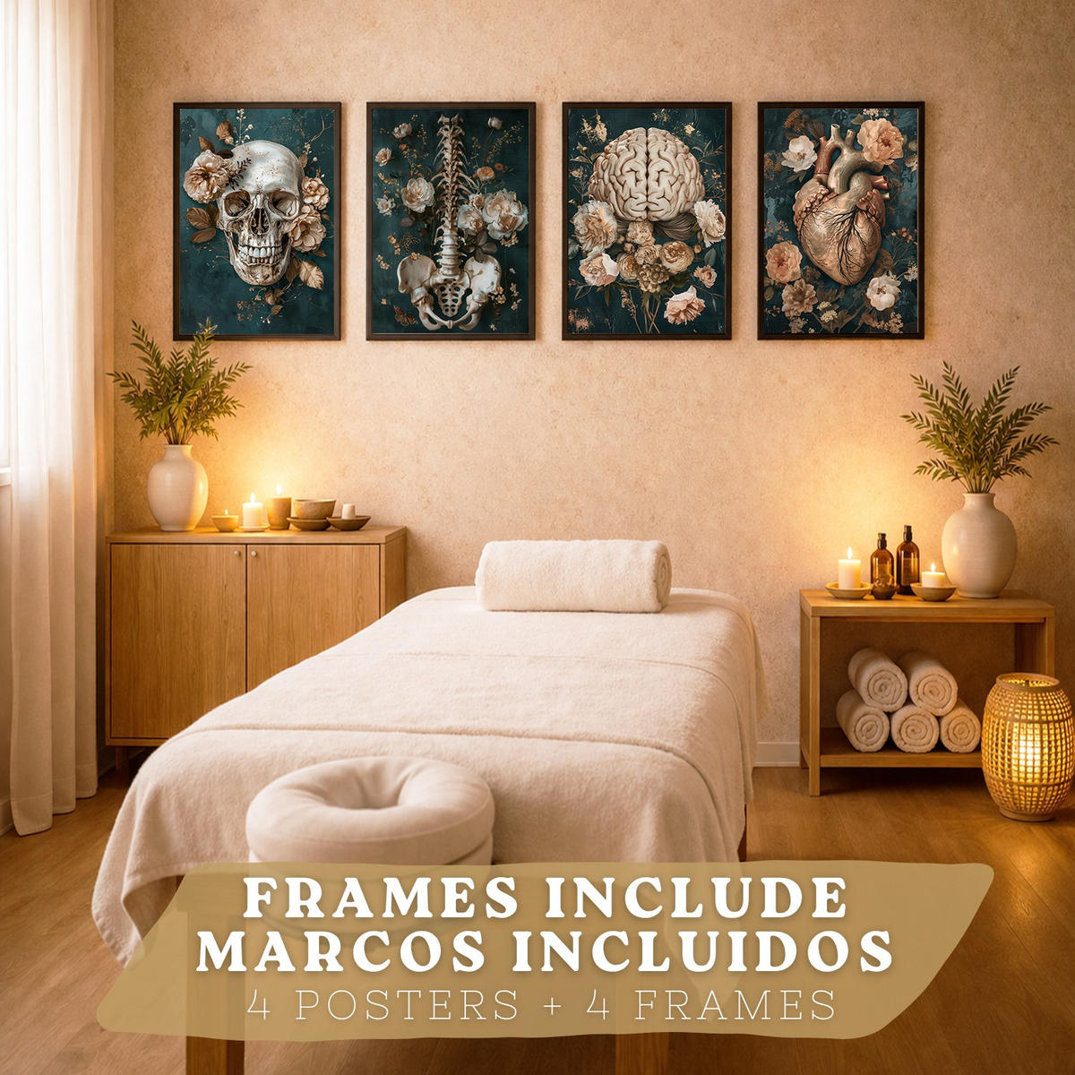 POSTER Set aus 4 Anatomie Drucke und mit Schädel Herz Gehirn Wirbelsäule Skelett Becken Klassisches Florales Design Größe Schwarzer Rahmen A4 - Schwarz, Papier (21/29.7/3cm) - Nacnic