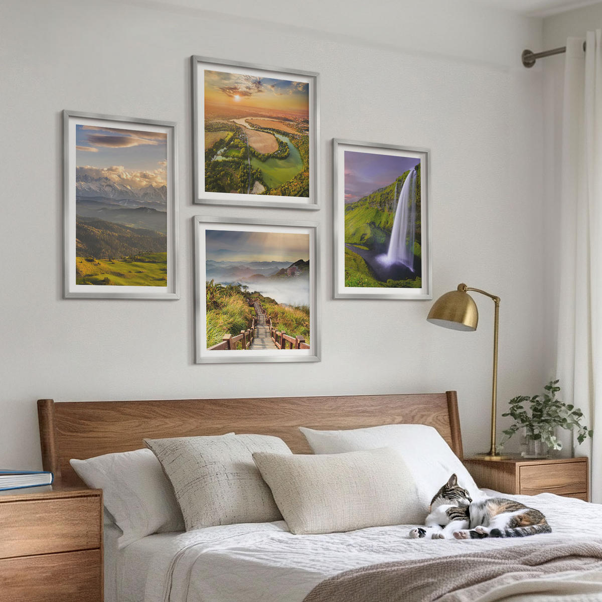 BILDER SET 4er Set - 50x50 cm & 40x60 cm Silberner Rahmen - Ausblicke auf Berge, Flüsse und Wasserfälle - Silberfarben, Kunststoff (50/50cm) - TULUP