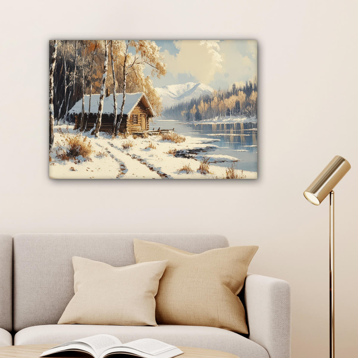 LEINWANDBILD Winter - Schnee - Zuhause - Natur Wanddeko 90x60 cm - Hellbraun, Textil (90/60cm) - MuchoWow