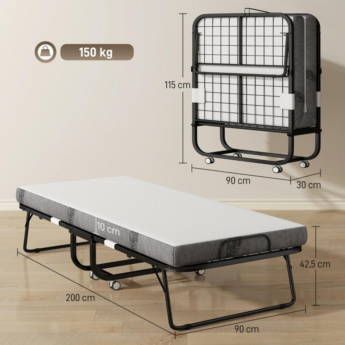 GÄSTEBETT klappbar 90x200 cm Weiß mit Rollen - Weiß, Metall (90/200cm) - Beauniv