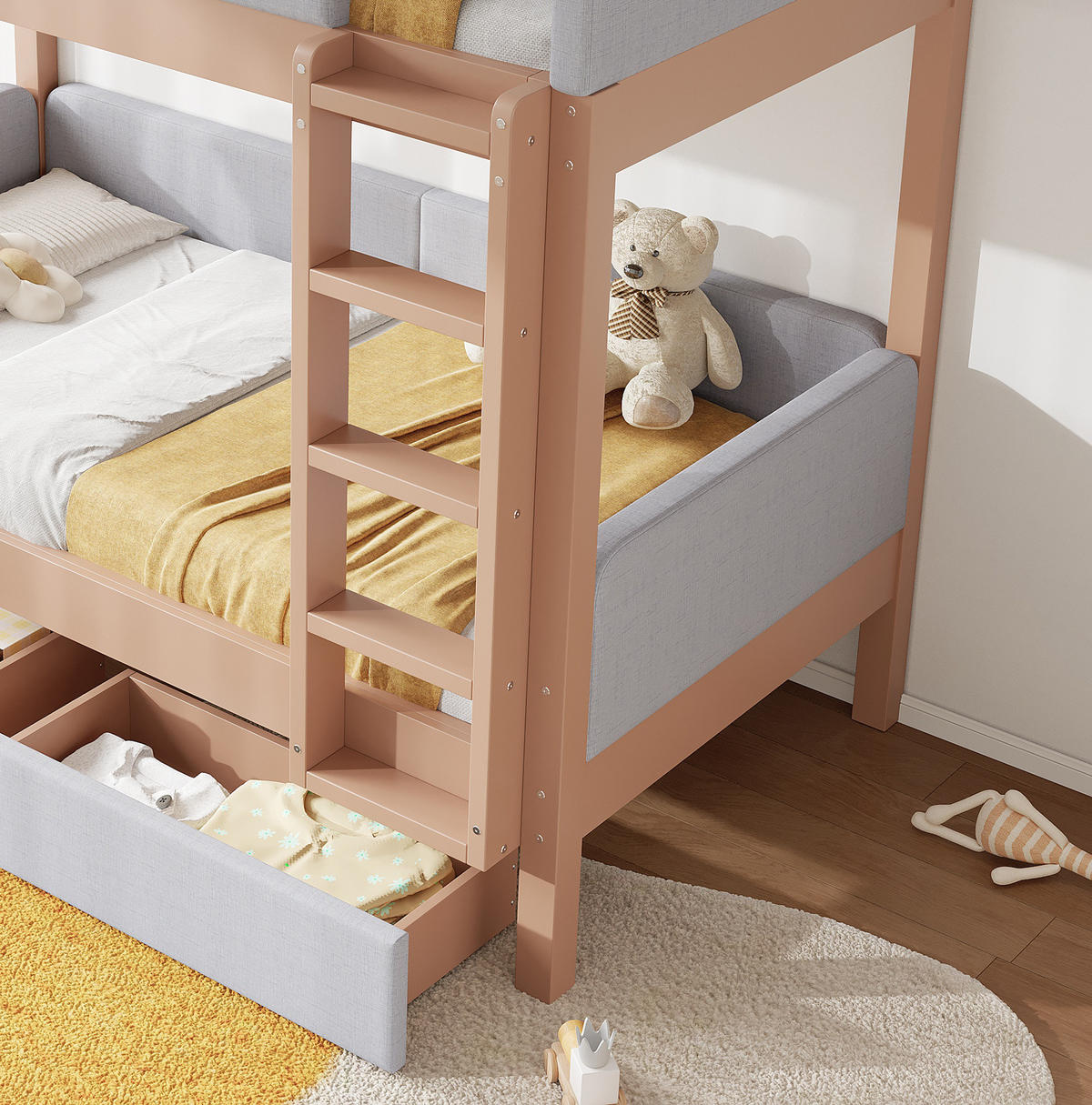 ETAGENBETT 90/200 cm in Grau/Natur mit 2 Schubladen und gerader Treppe - Grau, Holz (90/200cm) - OKMYHOME
