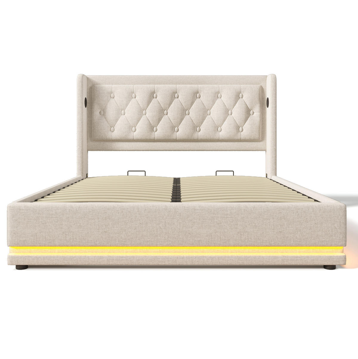 POLSTERBETT aus Baumwolle 140x200 cm in Beige mit LED, USB-C & Matratze - Beige, Textil (140/200cm) - Modfu