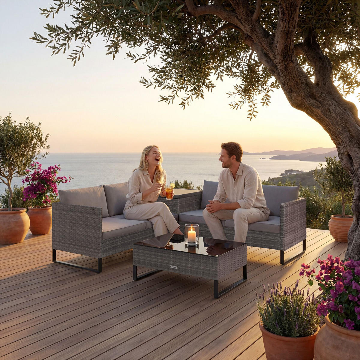 RATTANLOUNGE Ostuni, mit Sicherheitsglasplatte, grau-meliert/grau - Grau, Kunststoff - tectake