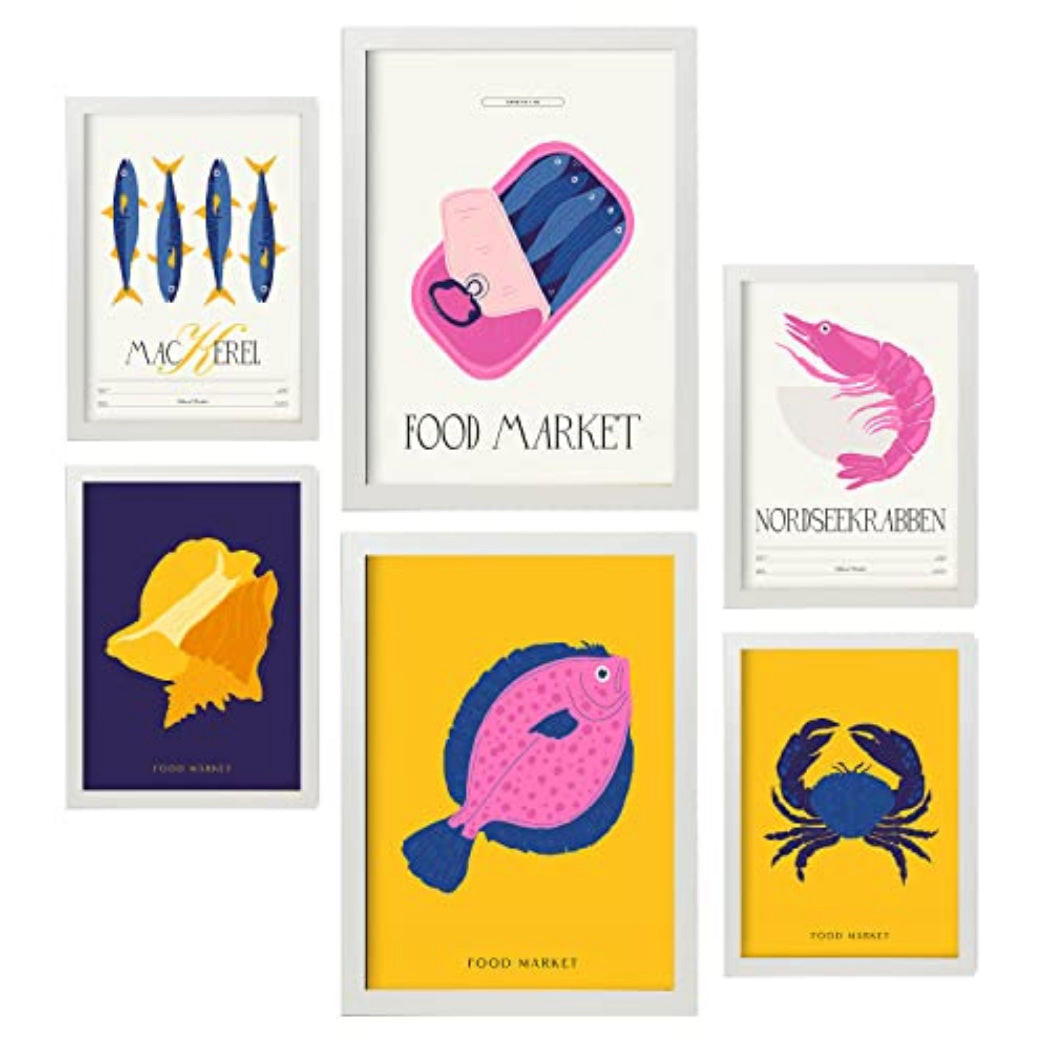 POSTER Set Mit 6 Lebensmittel Und Ernährungs Meeresfrüchte Natur Und Botanikdrucke Für Innenarchitektur A3 & A4 Weißer Rahmen - Weiß, Papier (29/3cm) - Nacnic