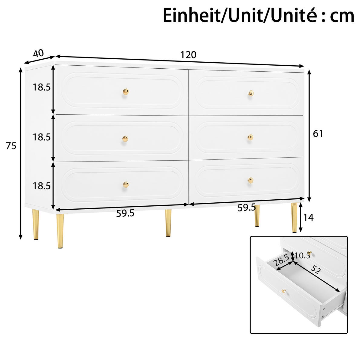 SIDEBOARD in Weiß Aufbewahrungsschrank mit 6 Schubladen, 120 B/40 T/75 H(cm), fürs Wohn & Schlaf - Weiß, Holzwerkstoff (120/75/40cm) - STILVORA