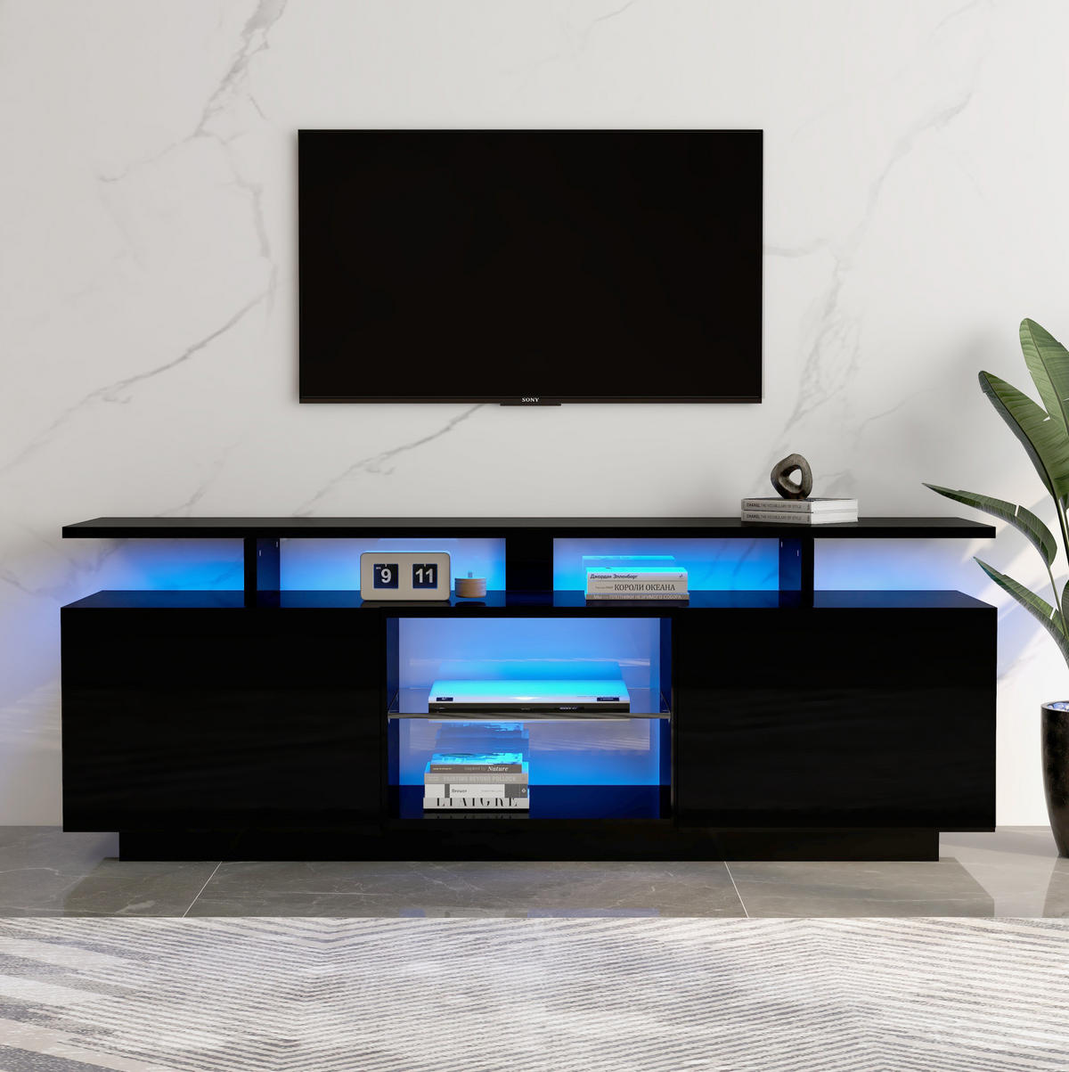 TV-LOWBOARD aus Spanplatte 140x35x55 cm Schwarz mit LED-Beleuchtung, 2 Hochglanztüren und 5 offenen Fächern - Schwarz, Holzwerkstoff (140/55/35cm) - IVMEU