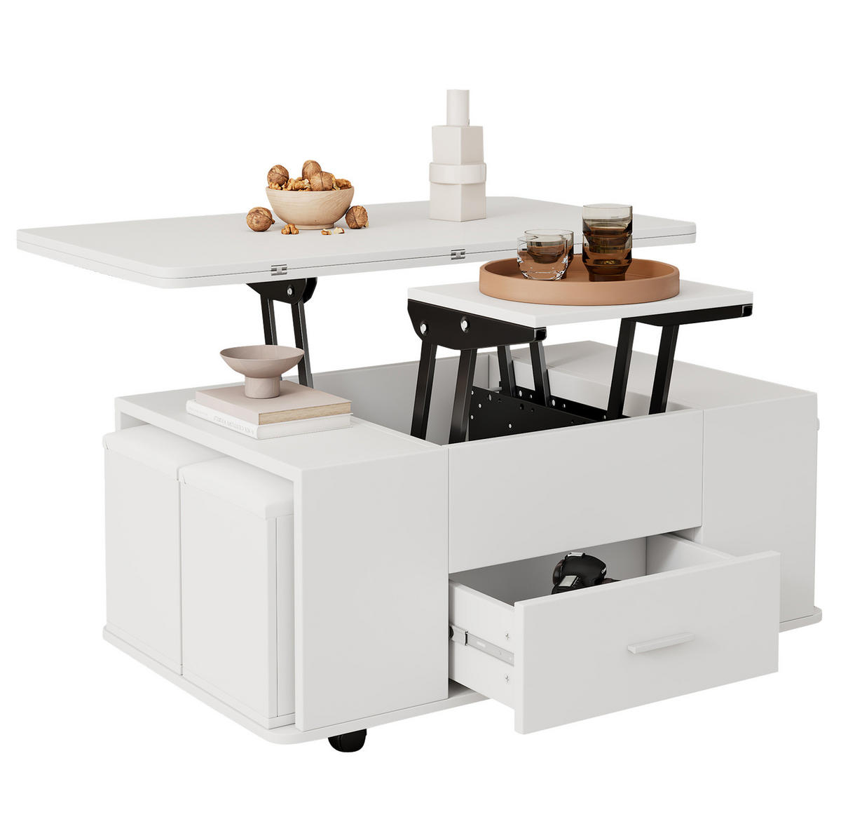 COUCHTISCH 100/50/45 cm höhenverstellbar mit 4 Hockern und Stauraum, Weiß - Weiß, Holzwerkstoff (100/50/45cm) - Flora Grace