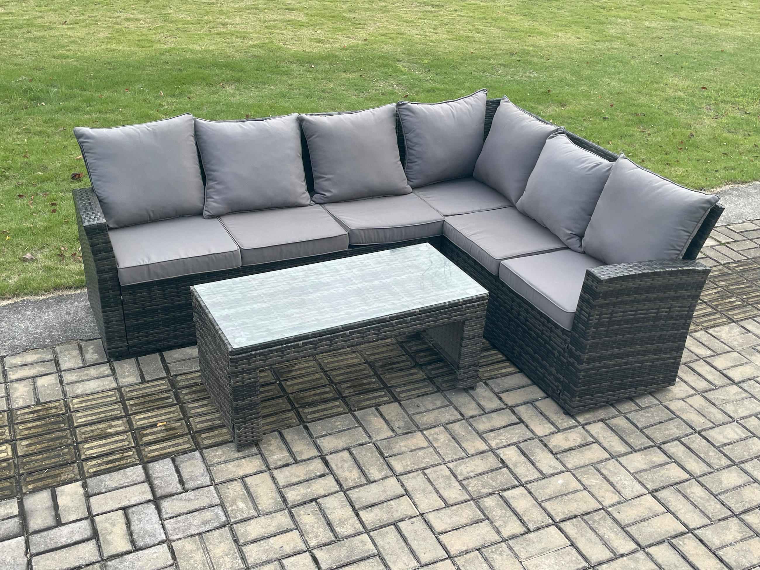 GARTENSOFA SET Hohe Rückenlehne Polyrattan Dunkelgrauer Mix 6-Sitzer - Dunkelgrau/Grau, Glas/Kunststoff - Fimous