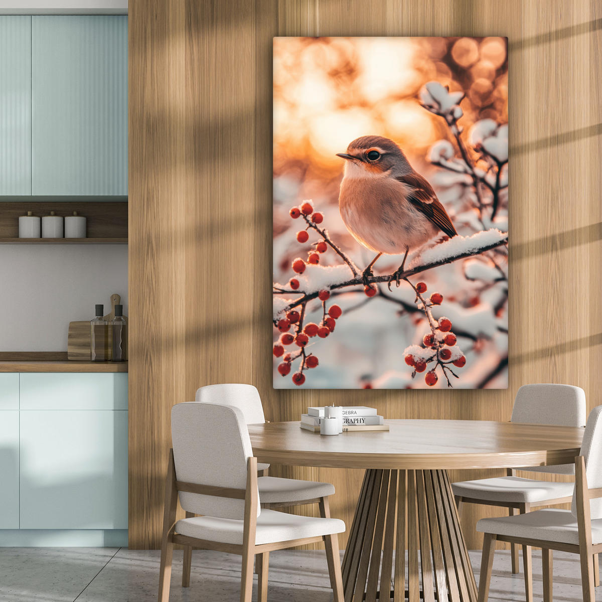 LEINWANDBILD Vogel - Zweig - Winter - Tiere - Schnee 90x140 cm - Bernsteinfarben, Textil (90/140cm) - MuchoWow