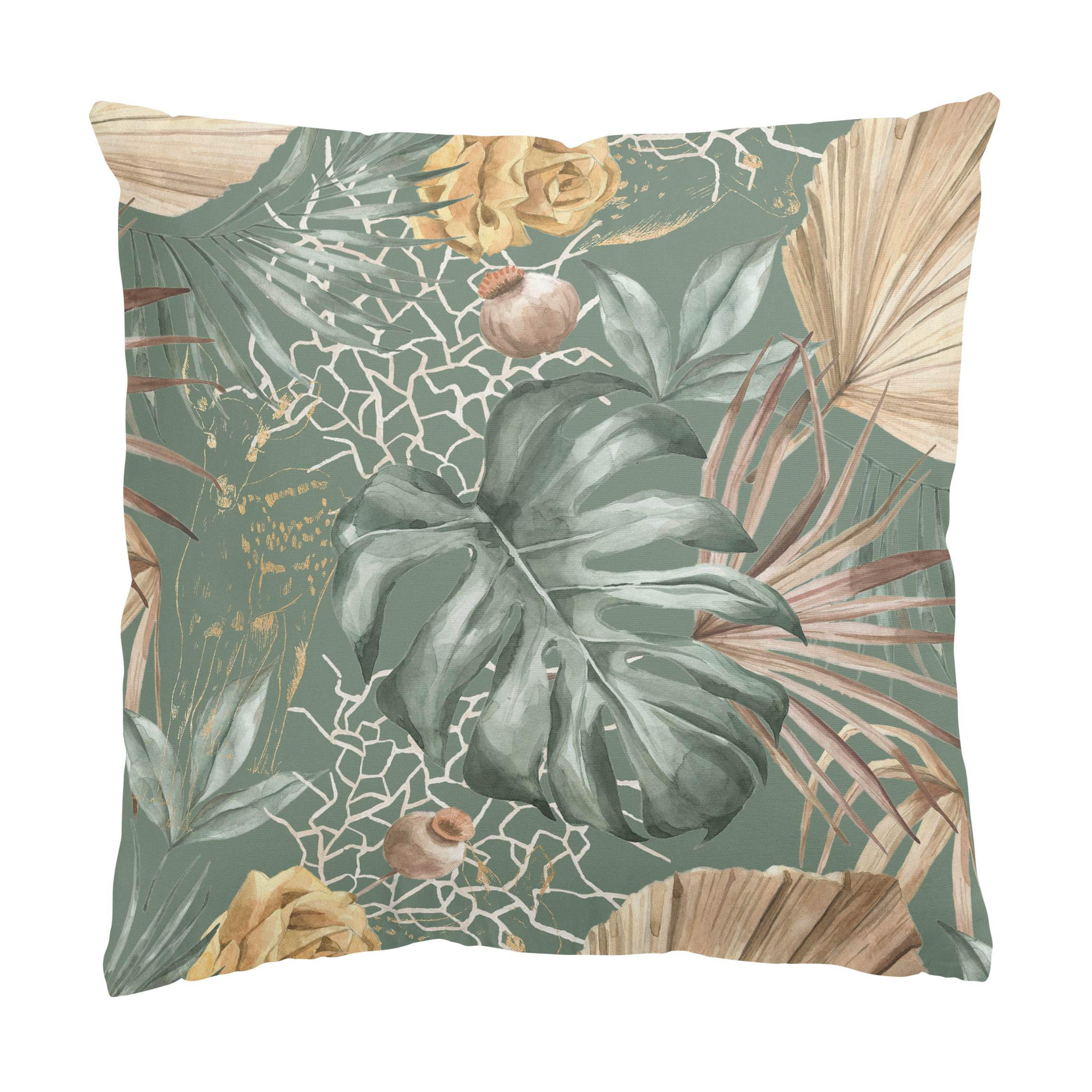 DEKOKISSEN Große Blätter mit Rosen vor Grün 50/50 cm - Grün, Textil (50/50/10cm) - Bilderwelten