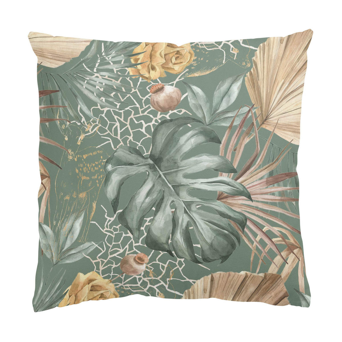 DEKOKISSEN Große Blätter mit Rosen vor Grün 40/40 cm - Grün, Textil (40/40/10cm) - Bilderwelten