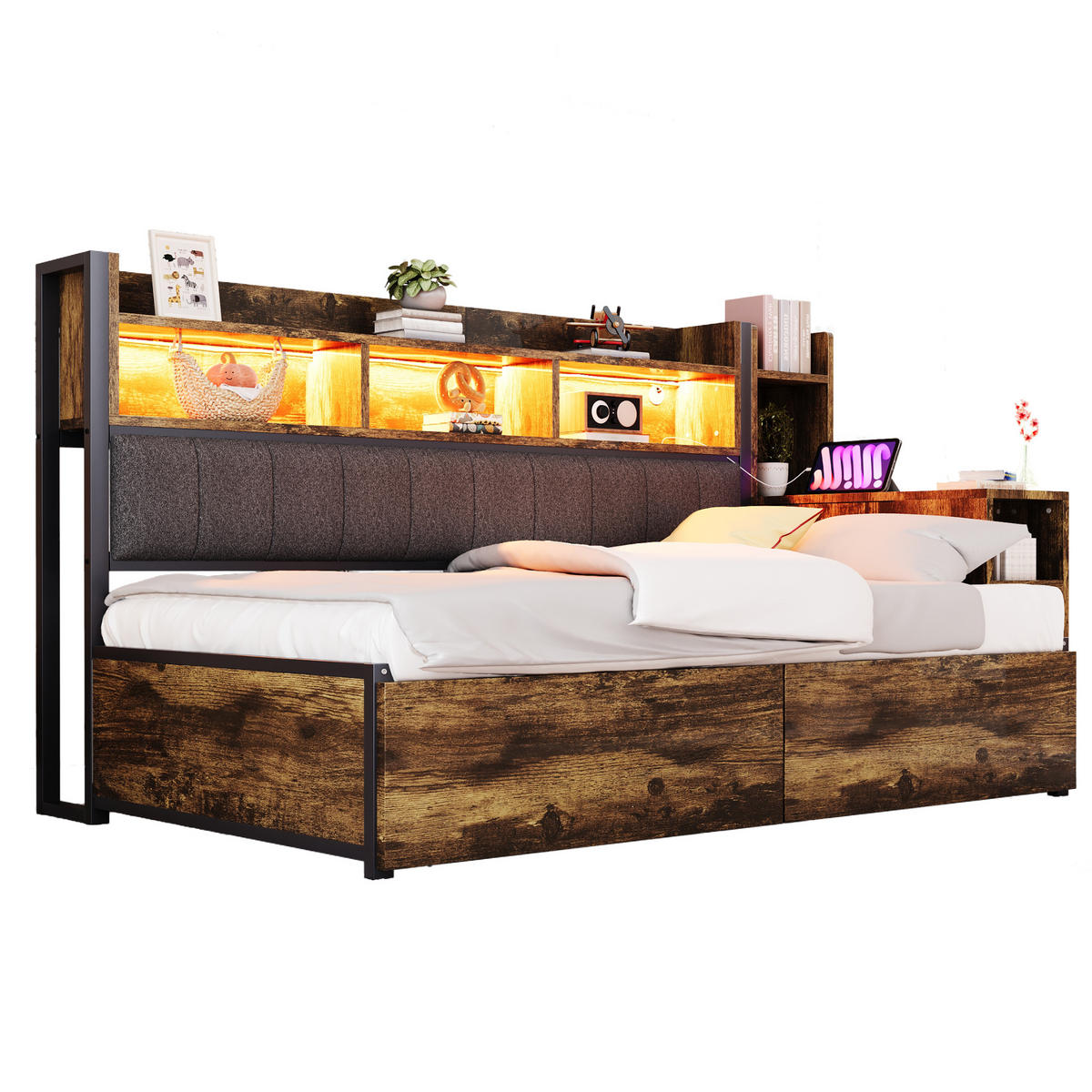 MULTIFUNKTIONSBETT 90/200 cm mit Schreibtisch und Stauraum Holzfarbe aus Metall - Naturfarben, Metall (90/200cm) - OKWISH