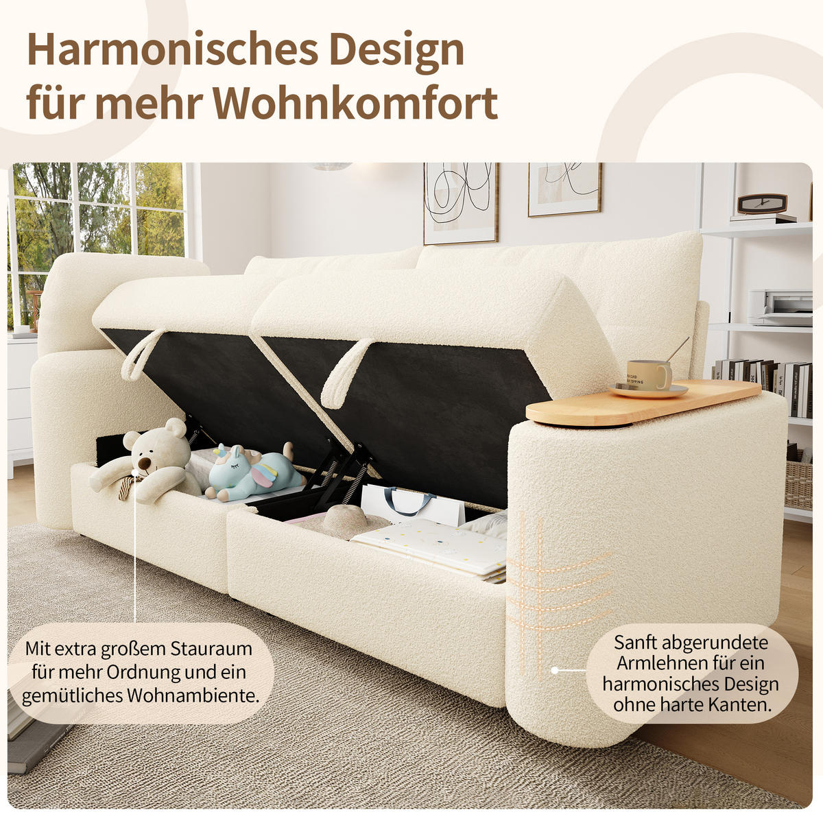 3-SITZER SOFA teddy beige modular 207cm mit stauraum tisch - Beige, Textil (207.5/87/80cm) - Urban Meuble