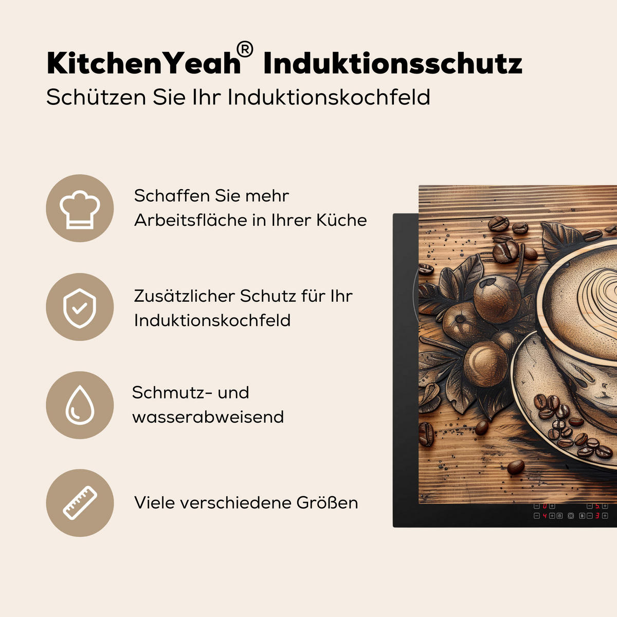 HERDABDECKPLATTE Kaffee - Vintage - Braun - Tasse - Holz Herdabdeckung Induktionsfeld 70x52 cm - Cappuccino, Kunststoff (70/52/0.2cm) - MuchoWow