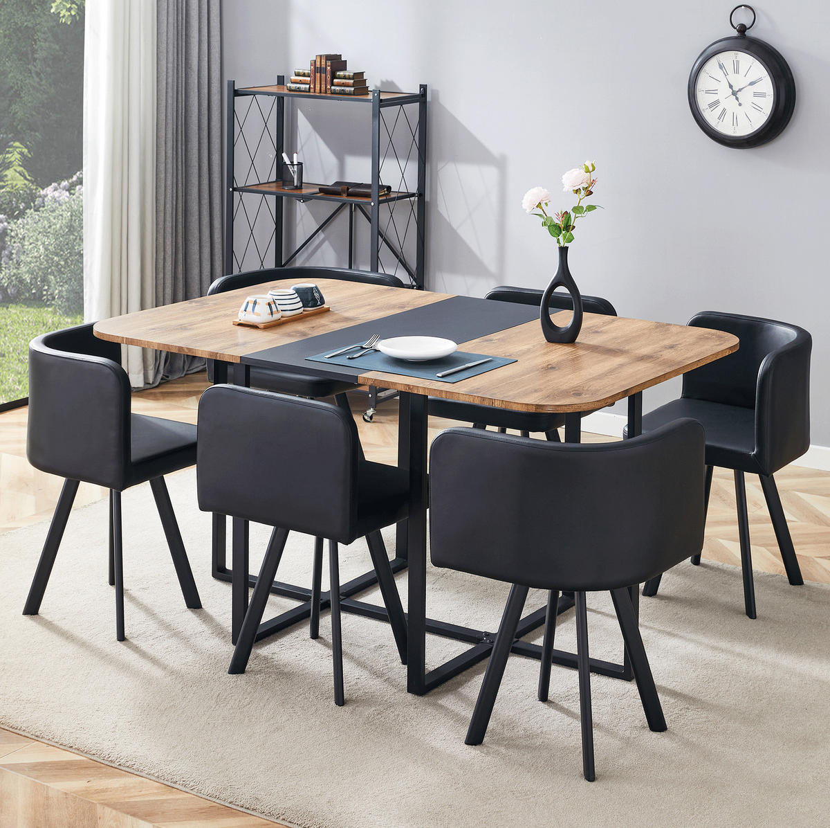 ESSTISCH-SET ausziehbar für 4-6 Personen MDF/Metall Schwarz/Natur 3-tlg. - Schwarz, Metall (100/79/150cm) - Meubliv