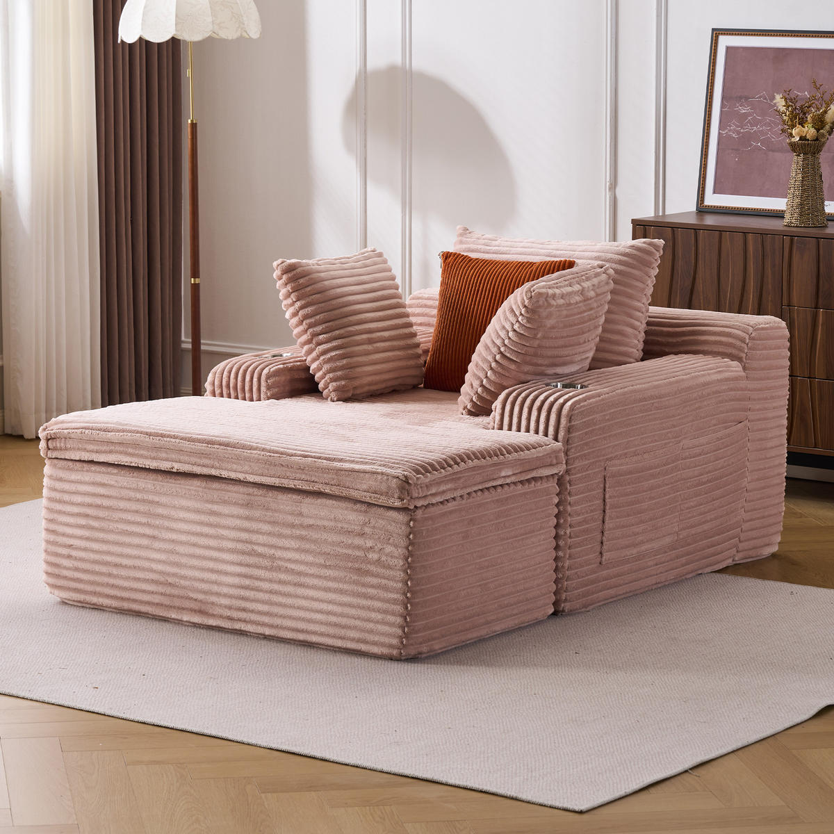 SCHLAFSOFA 165/112/63 cm Rosa mit Chaiselongue, 3 Kissen und 1 Decke - Rosa, Textil (112/63/165cm) - Oxeza