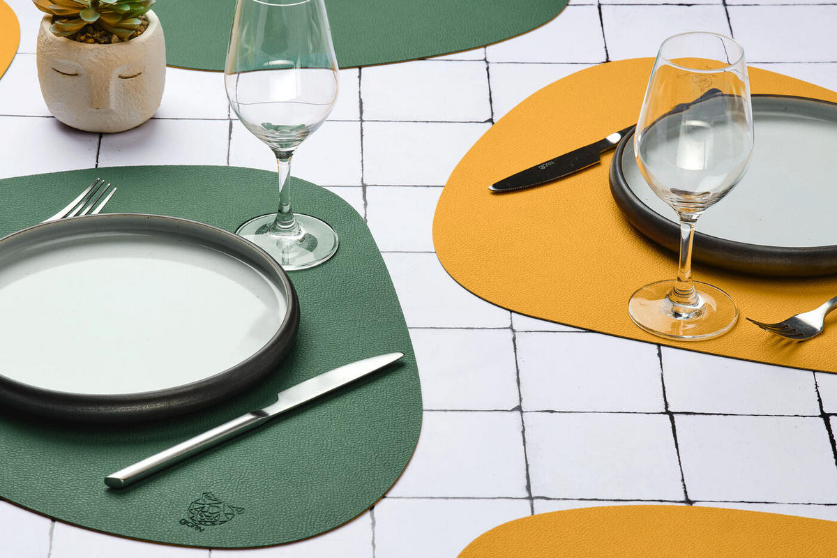 TISCHSET - 6er-Set - Recyceltes Leder in Senfgelb und Tannengrün - Gelb, Textil (37/44cm) - Björn