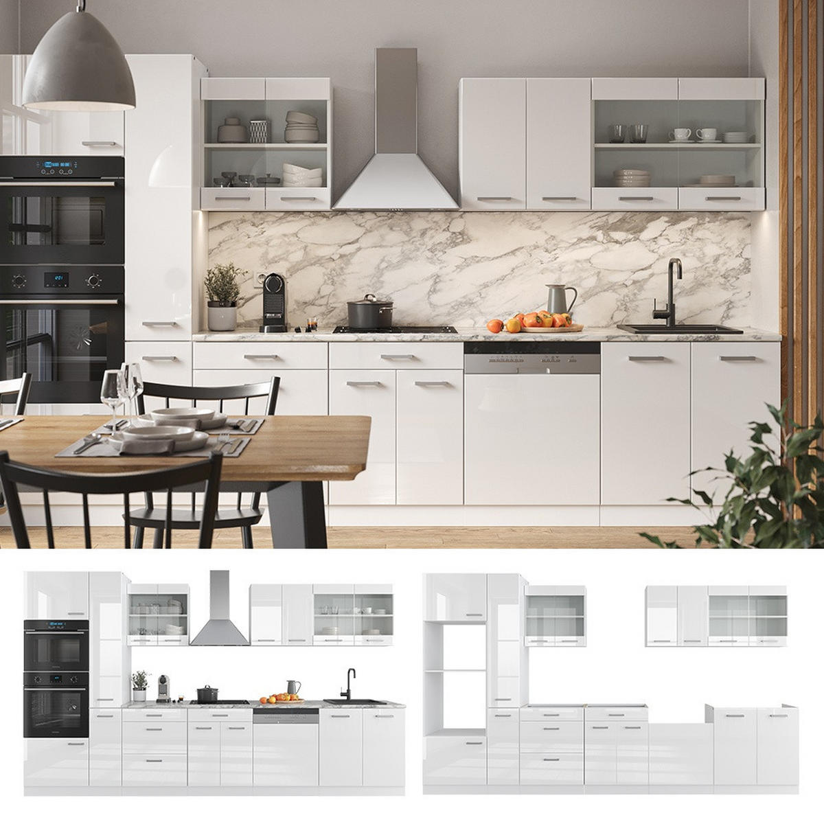 PENTRY R-Line Vit högblank/vit 350 cm med högskåp, AP-marmor - Vit/Vit högglans, Träbaserade material (350/206.8/60cm) - Vicco