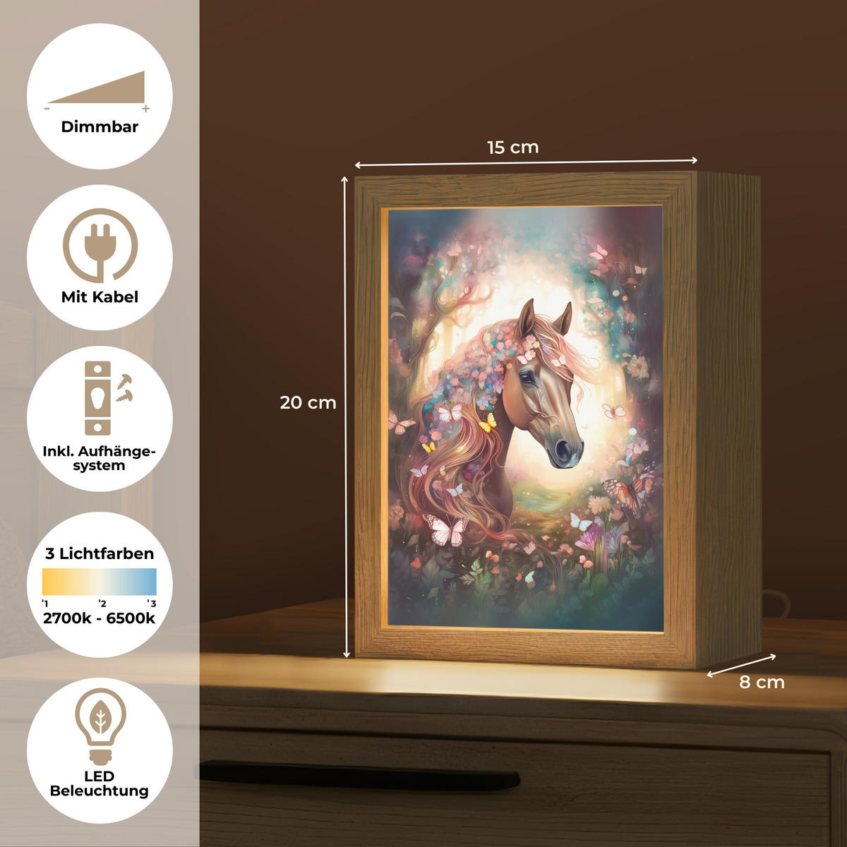 NÁSTĚNNÁ LAMPA Kůň - Příroda - Květiny - Motýli - Les 15x20 cm - tmavě hnědá, kompozitní dřevo (15/20/8cm) - OnlyWow