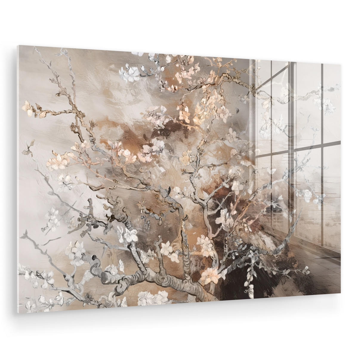 ACRYLGLASBILD Mandelblüte - Kunst - Van Gogh - Beige - Abstrakt 120x80 cm - Braun, Glas (120/80cm) - MuchoWow