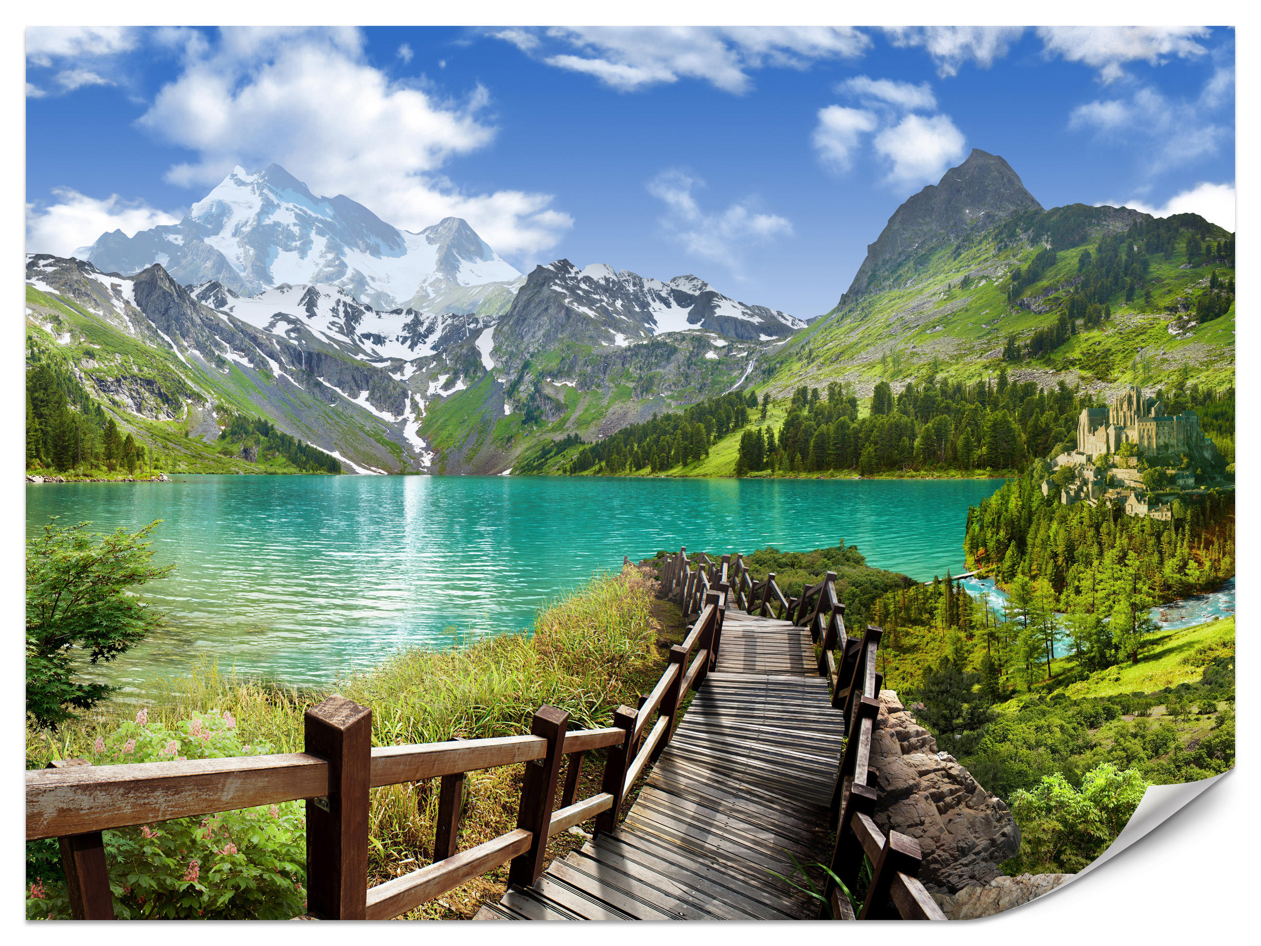 FOTOTAPETA Pre Obývaciu Izbu Drevené Mólo Horské Jazero Rastliny Pokoj 500 x 350 cm - hnedá/modrá, papier (500/350cm) - Muralo