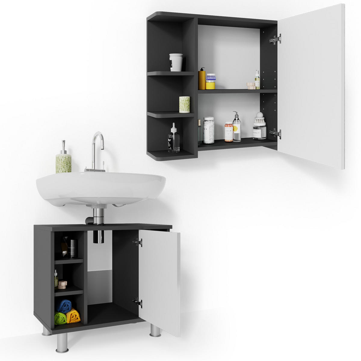 BADMÖBEL-SET Fynn Anthrazit 2 Teile - Weiß Hochglanz/Anthrazit, Holzwerkstoff (60/54/32cm) - Vicco