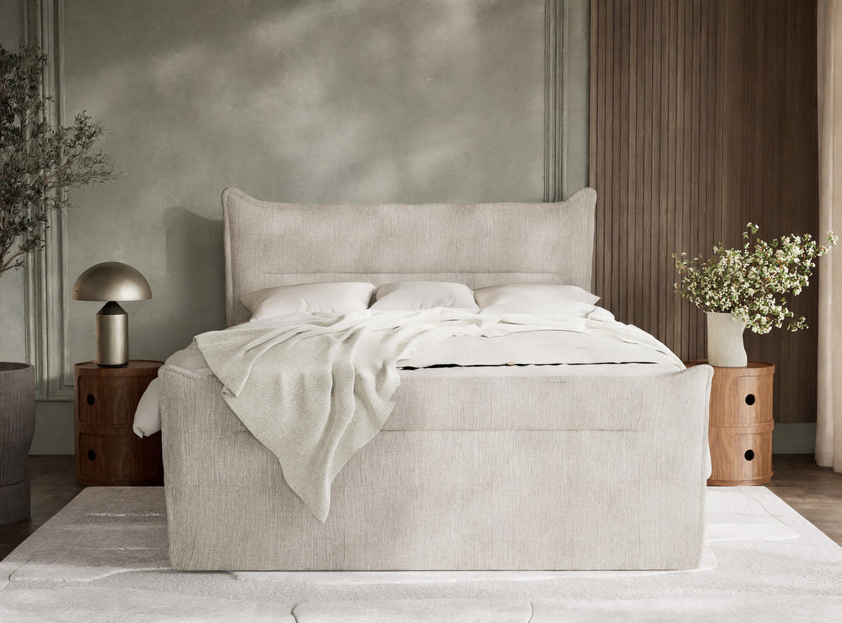 BOXSPRINGBETT Pelino 180/200 cm, in Beige, Bettkasten, Matratze, Topper - Beige/Schwarz, Holz/Holzwerkstoff (180/200cm) - Maison de Reve