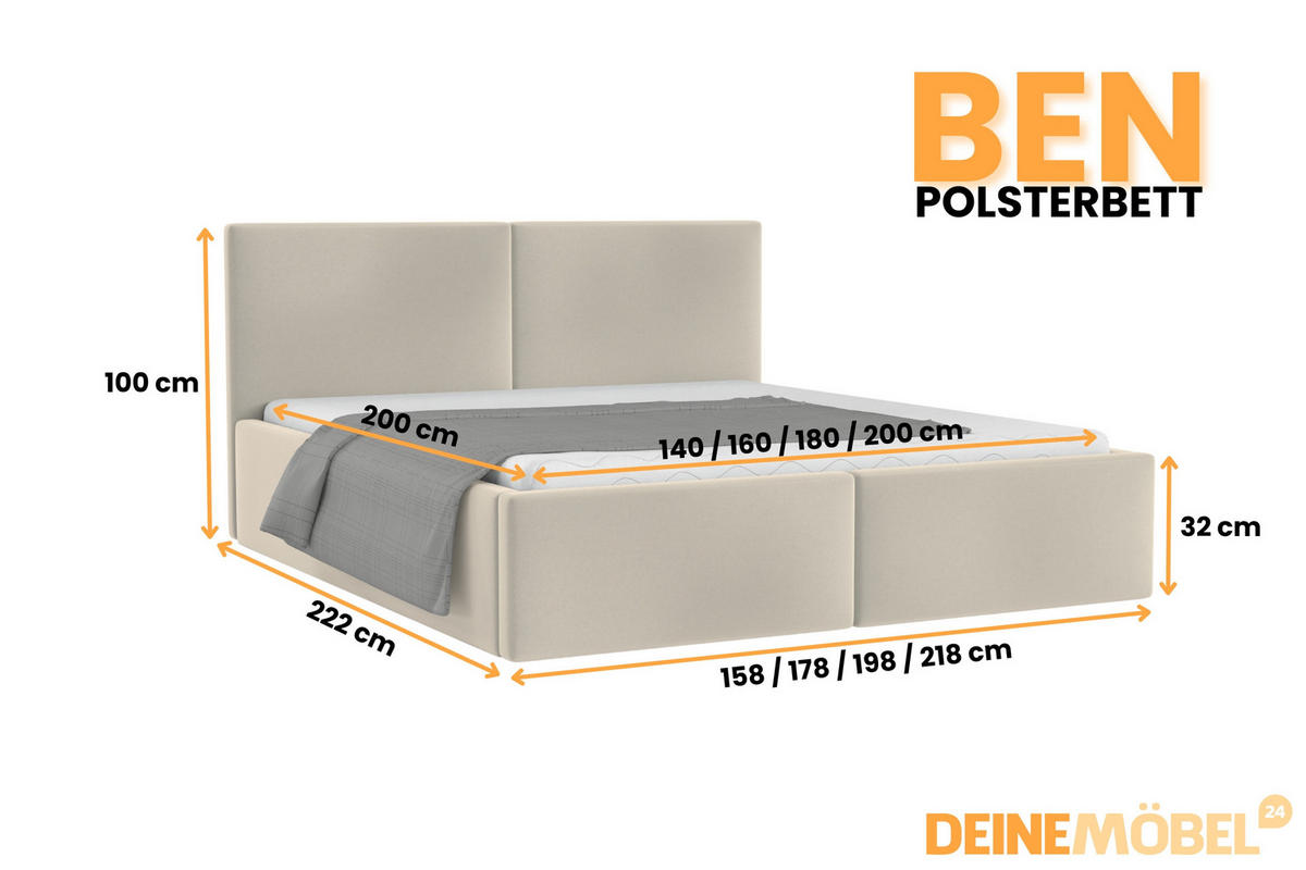 POLSTERBETT BEN 160/200 in Velours Beige - Beige, Holz/Holzwerkstoff (160/200cm) - Deine Möbel 24