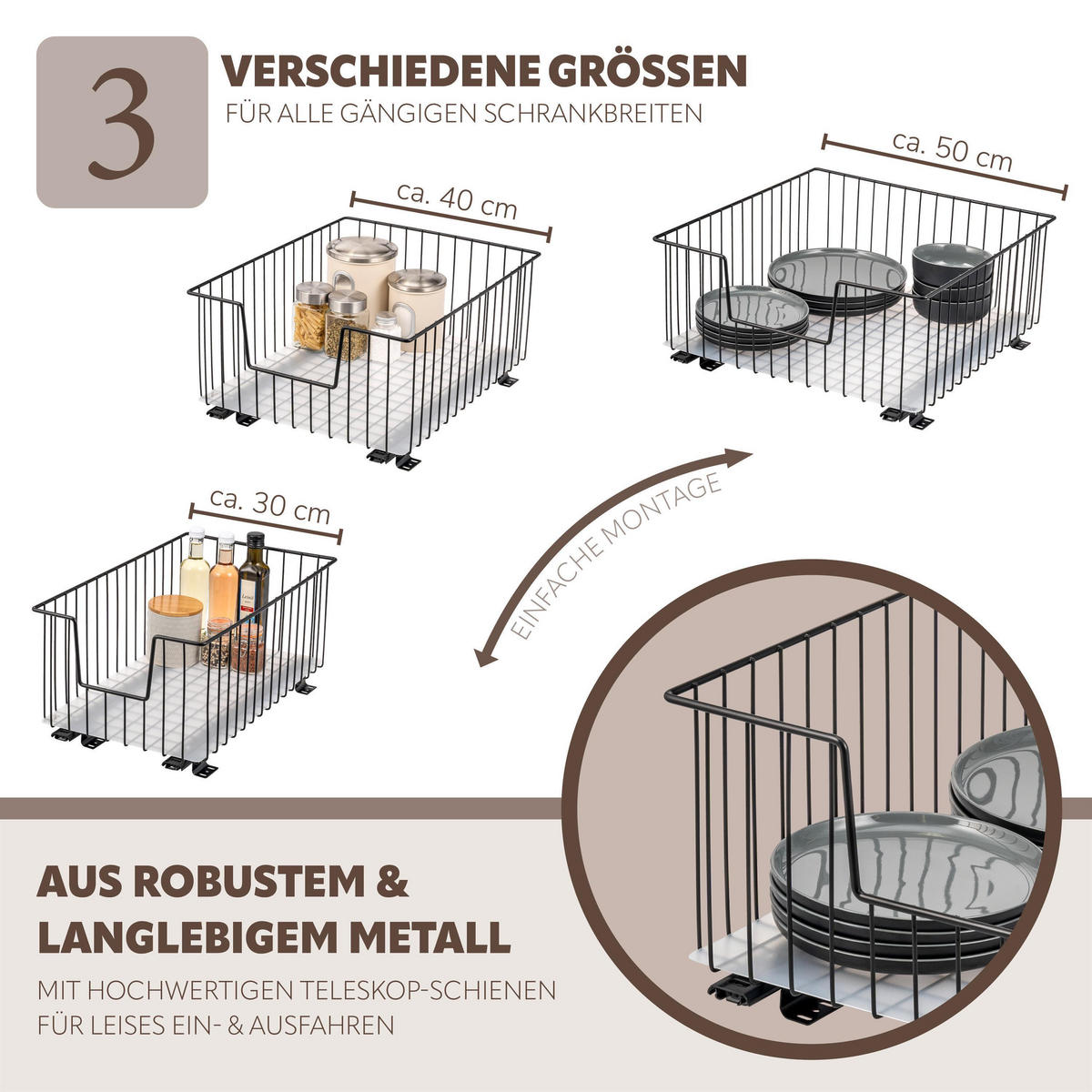 SCHRANK-KORBAUSZUG 30 cm, schwarz, Metall - Schwarz, Metall (30/23/50.5cm) - bremermann