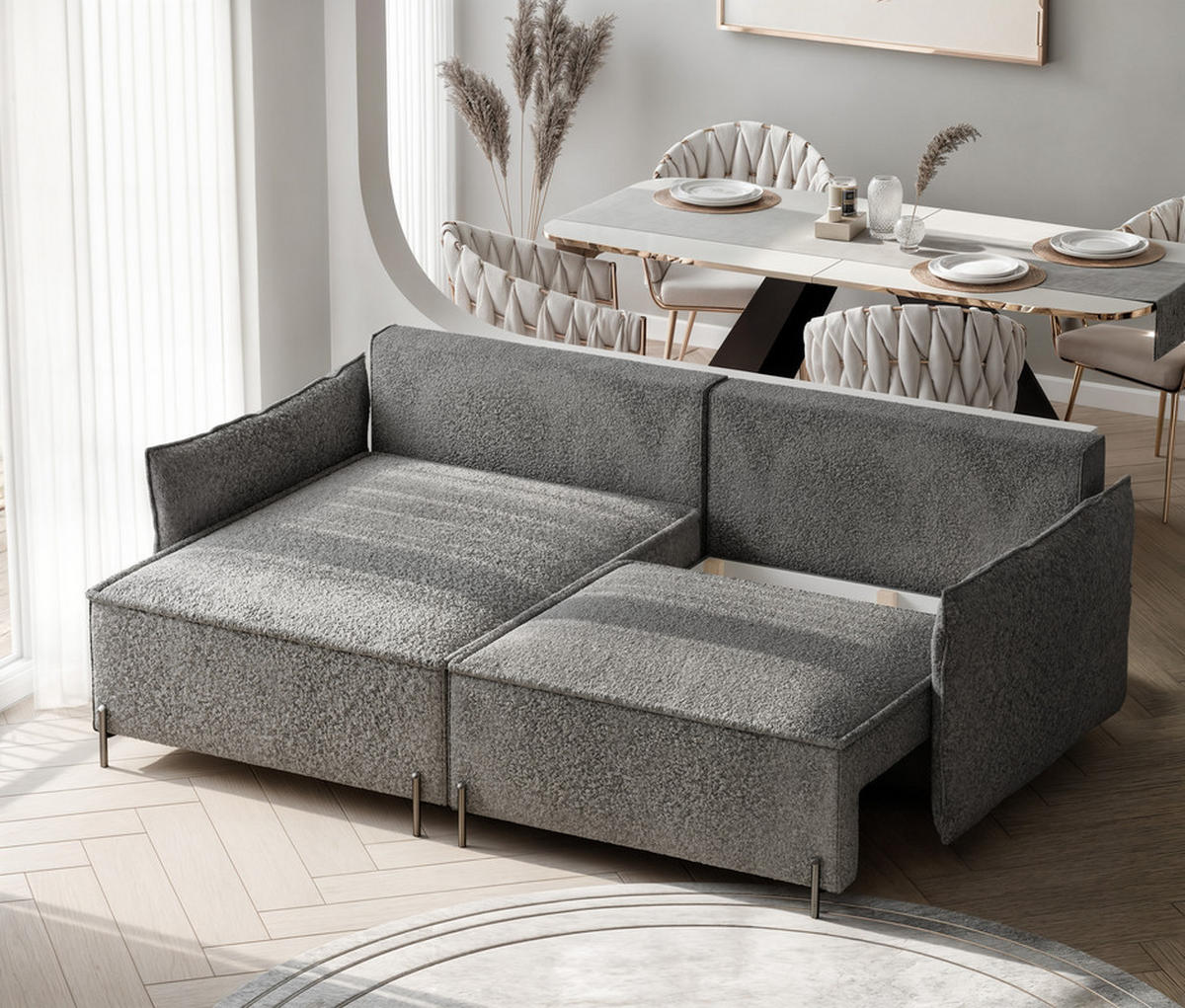 ECKSOFA MARCO Links, mit Schlaffunktion und Bettkasten, Dunkelgrau - Dunkelgrau, Textil/Metall (221/148cm) - Idohome