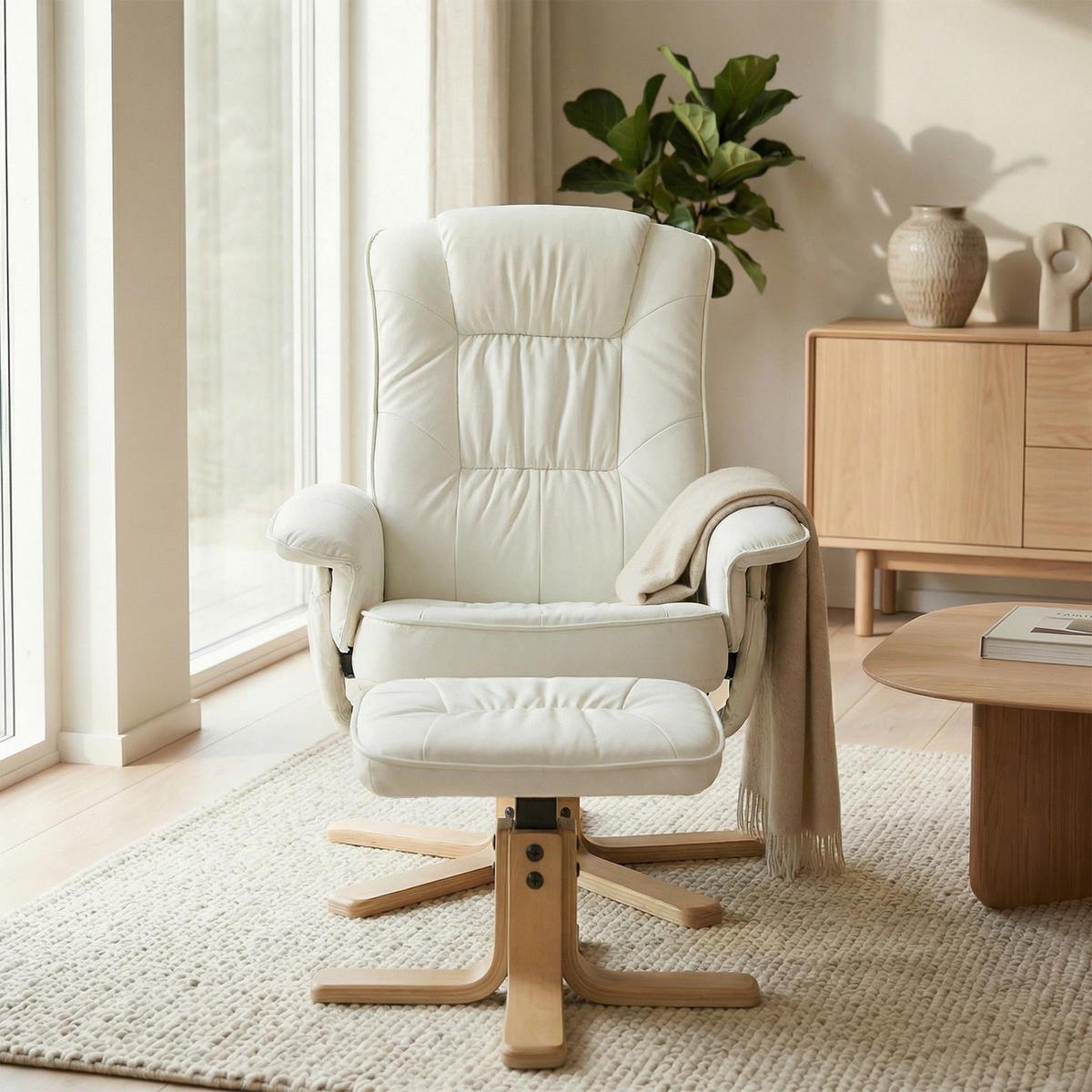 RELAXSESSEL KUNSTLEDER, SET MIT HOCKER CHARLY weiß - Weiß, Textil (76/87/61cm) - IDIMEX