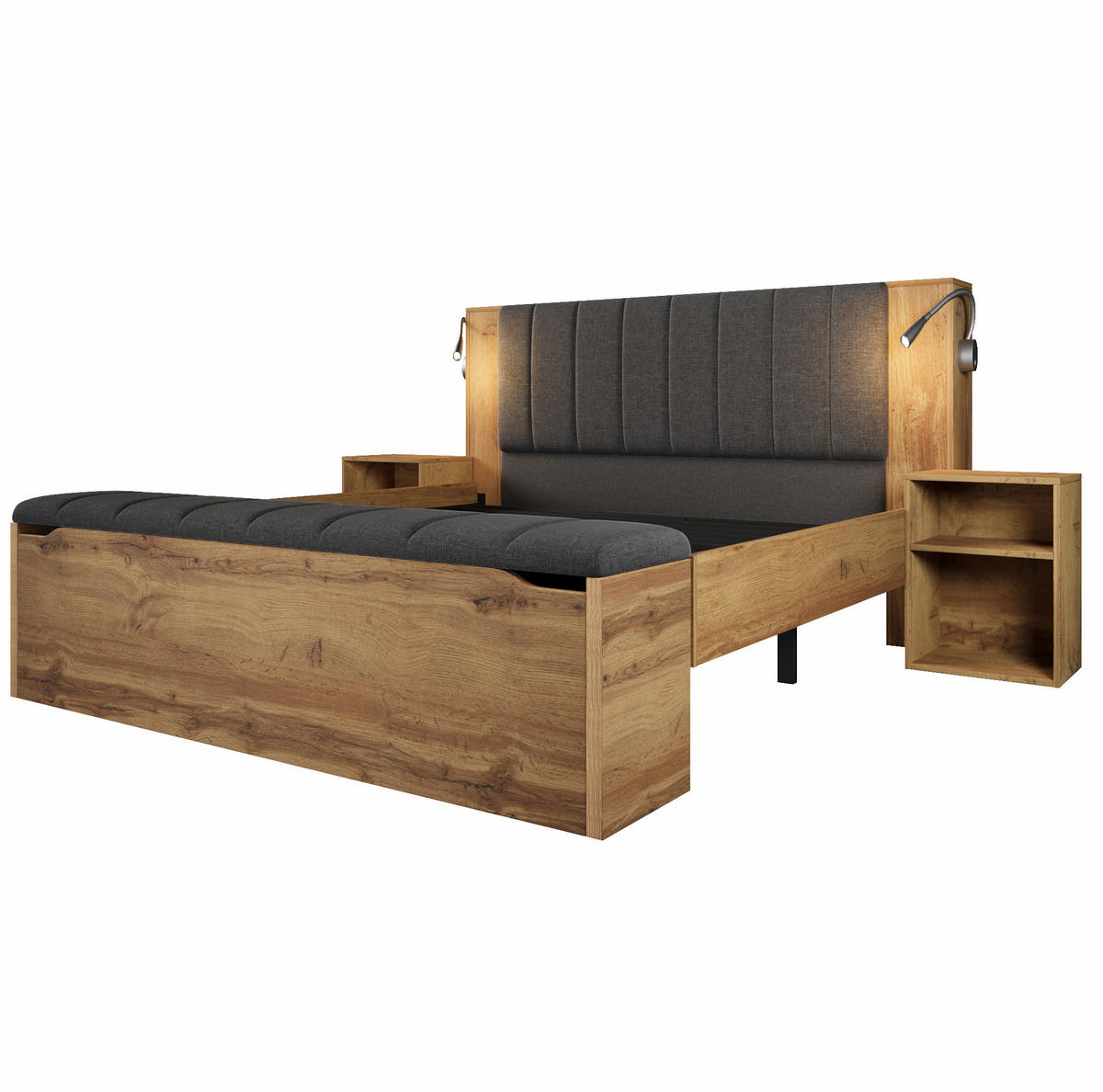 BETT 160/200 cm mit klappbarem Kopfteil, USB-Lampen und Stauraum - Eichefarben, Holzwerkstoff (160/200cm) - BEAOK