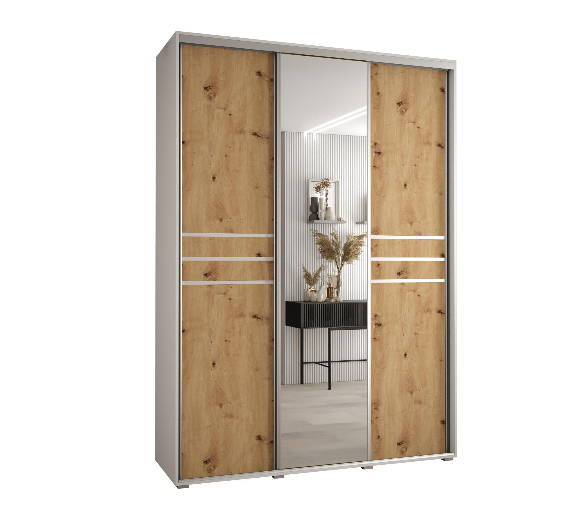 Abiks Möbel Schwebetürenschrank Weiß, Eiche Artisan, Silber 180x235x60 cm