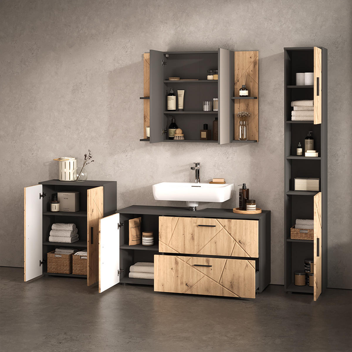 VANITY ENOTA ZA UMIVALNIK Ronco, Antracit/Obrtniški hrast, 120.1 x 60.6 cm z 2 predaloma in 1 vrati - antracit/hrast artisan, leseni material (120.1/60.6/41cm) - Livinity®